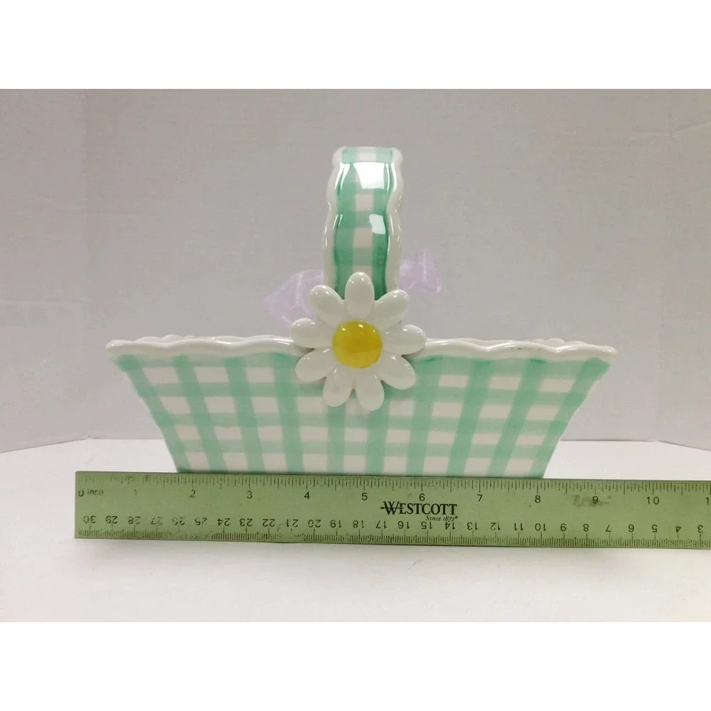 Teleflora Ceramic Basket Green Gingham Check Daisy Flower Easter Planter DW84